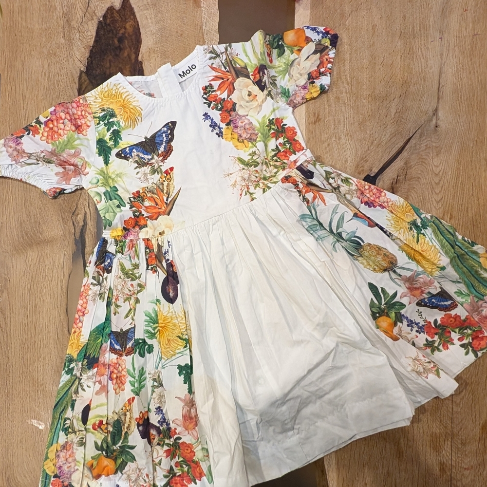 Molo White Floral Butterfly Fruit Multicolor Rainbow Cotton Dress 98 104 3Y 4Y